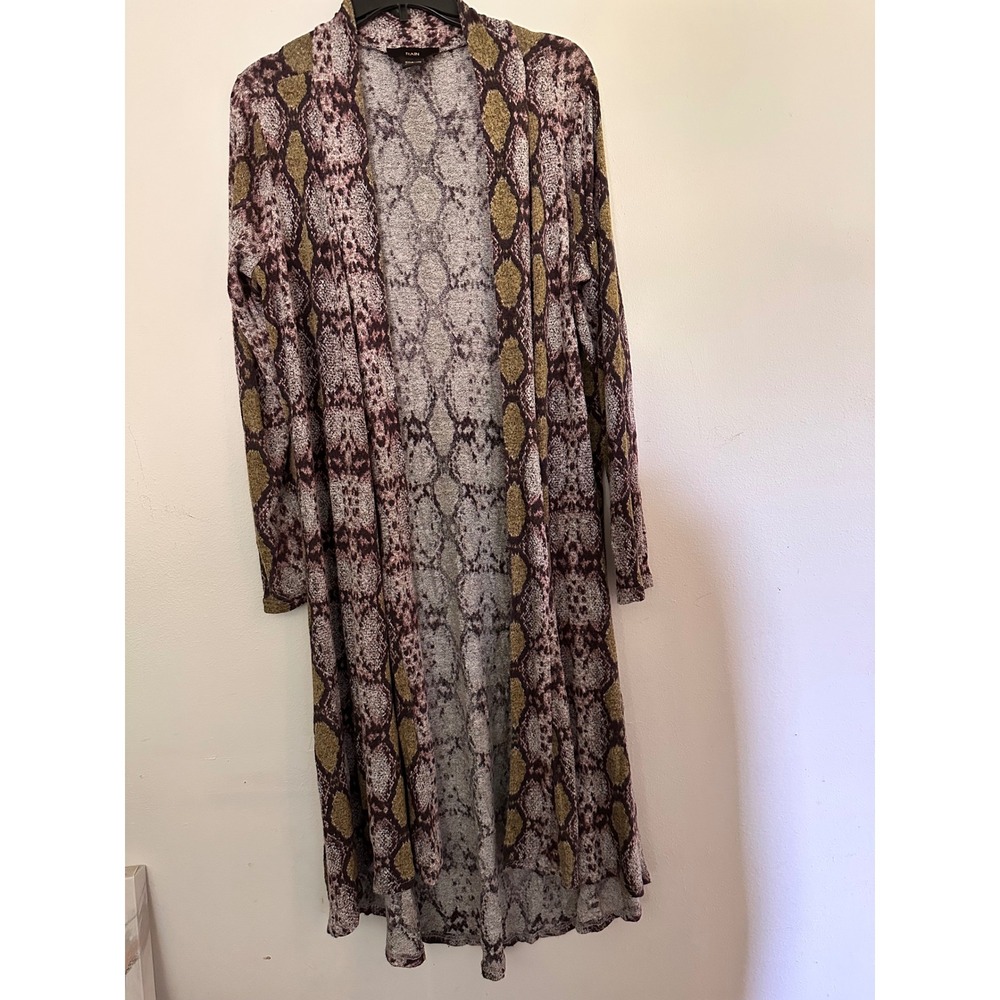 RAIN Duster Cardigan Womens Medium Mauve Olive Snakeskin Print Longline Layer